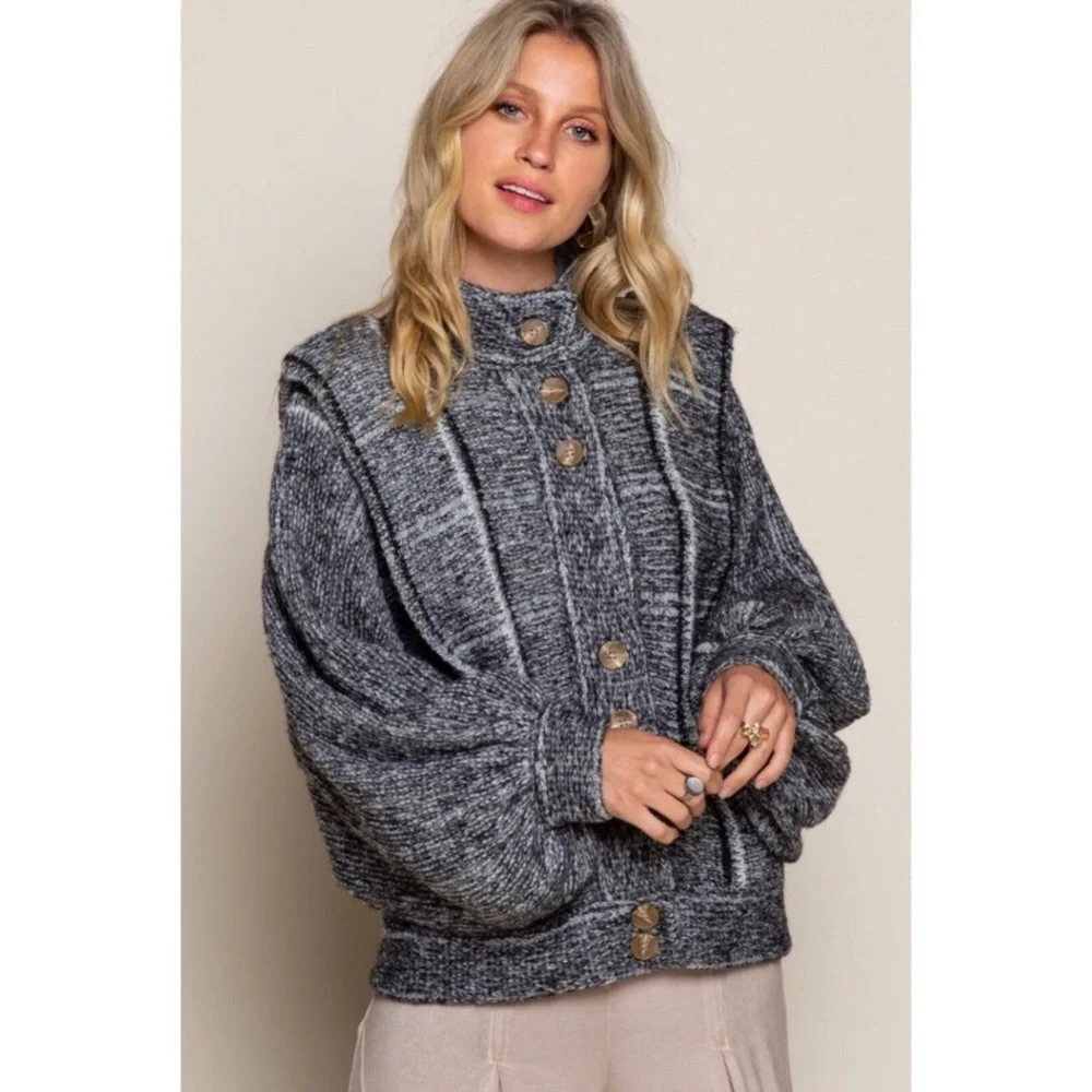 SALE! POL Gray Plaid Button Front Sweater Coat Military Inspired - Picture 3 of 8